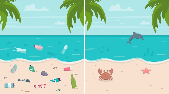 Dirty and clean beach set. Environmental pollution concept. Environmental disaster. Colorful vector illustration in flat style.