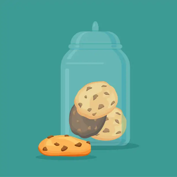 Vector illustration of Traditional chip cookies with chocolate in the glass jar or vase.