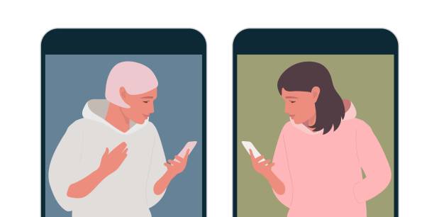 istock Mobile phone talks. Two girls talk on phone. Beautiful women are texting each other. Flat vector illuctration. Two cute girls holding mobile phone. Persons cellphone conversation sending messages. 1310932946