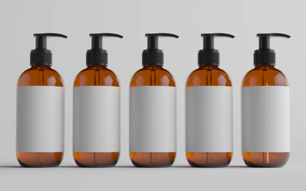 istock Amber Glass Pump Bottle Mock-Up - Liquid Soap, Shampoo Dispenser - Multiple Bottles 1310934381