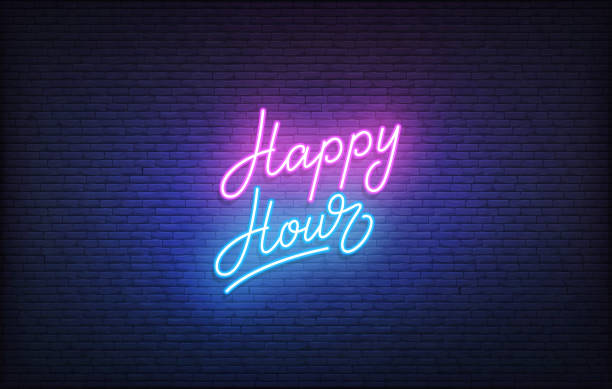 happy hour neon zeichen. glühende neon schriftzug happy hour vorlage. - happy hour stock-grafiken, -clipart, -cartoons und -symbole