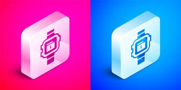 Vector illustration of Isometric Wrist watch icon isolated on pink and blue background. Wristwatch icon. Silver square button. Vector