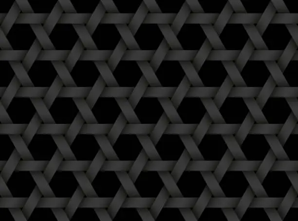Vector illustration of Black seamless pattern of bands weaved in the shape of a six pointed star. Vector dark repeating background illustration.