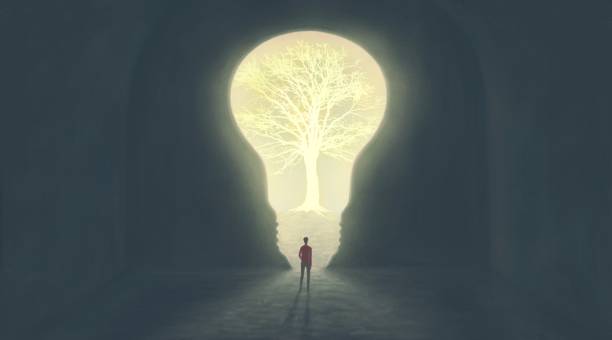 istock Surreal art, man with a tree in light bulb, idea brain mental health psychology and life concept idea, painting illustration, conceptual artwork 1310938204