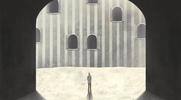 istock Surreal art, choice way adventure solitude lonely concept, conceptual art, man alone with gates, painting illustration 1310938799