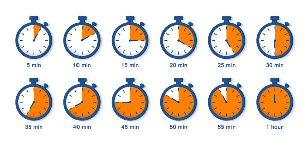 et von einfachen timern. countdown5,10,15,20,25,30,35,40,45,50,55,1 minuten. stoppuhr-symbole in flachem stil eingestellt, digitaler timer. uhr und uhr, countdown-symbol. vektor-illustration. eps 10 - 10 seconds or greater stock-grafiken, -clipart, -cartoons und -symbole