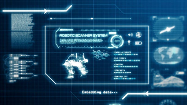 hud robot scanning systemfähigkeit benutzeroberfläche computerbildschirmanzeige mit pixel hintergrund. blaue abstrakte hologramm holographische technologie konzept. sci-fi. 3d-illustration rendering grafikdesign - industrieroboter arm grafiken stock-fotos und bilder