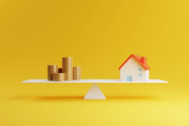 house and coin on balancing scale on yellow background. real estate business mortgage investment and financial loan concept. money saving and cashflow theme. 3d illustration rendering graphic design - scale industry copy space special imagens e fotografias de stock