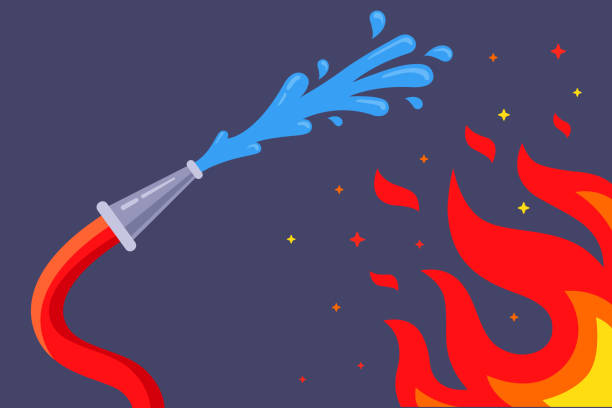 ilustrações de stock, clip art, desenhos animados e ícones de fire hose extinguishes flames with water. putting out fire in the building - fire hose
