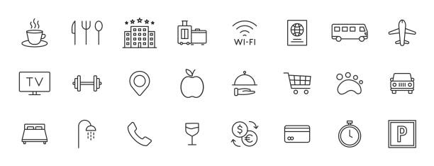 Set of 24 Hotel web icons in line style. Room, business, parking, travel, sleeping, comfortable. Vector illustration. Set of 24 Hotel web icons in line style. Room, business, parking, travel, sleeping, comfortable. Vector illustration restaurant supervisor stock illustrations