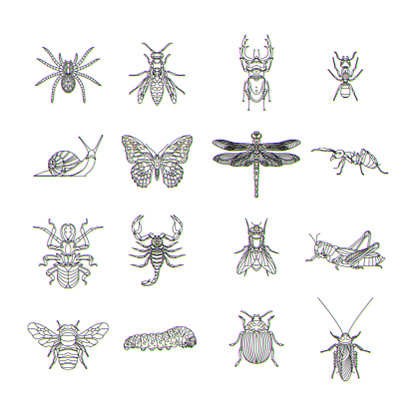 Glitch effect insects logos. Vector insects illustration.