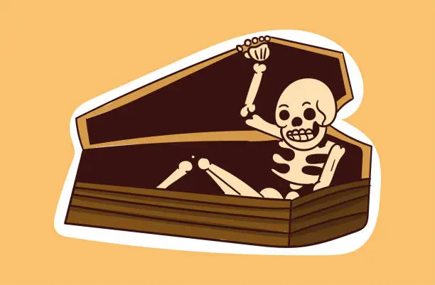 Vector illustration of Colorful dead skeleton sticker coming out of coffin.