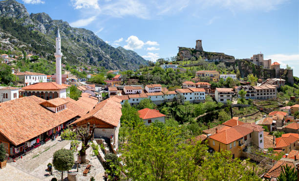 View over the old town of Kruje and its fort, in Albania. Old town Kruje known also as Kruja albania stock pictures, royalty-free photos & images