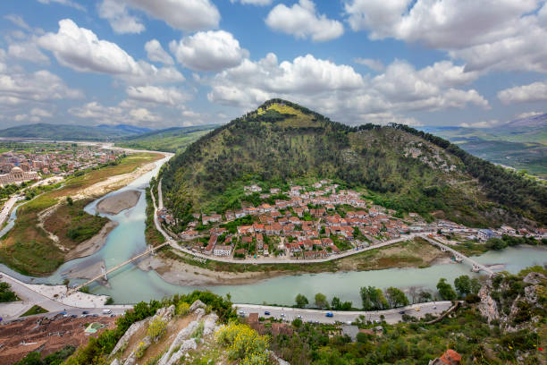 Aerial view over the traditional, oriental style old houses and the River Osumi, in Berat, Albania View over the old town Berat, Albania berat stock pictures, royalty-free photos & images