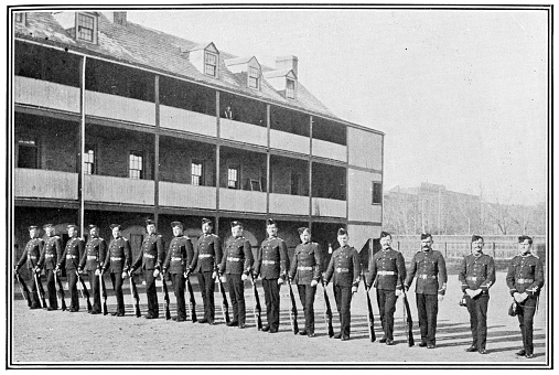 The group of soldiers from Fredericton, New Brunswick sent to the 2nd (Special Service) Battalion, Royal Canadian Regiment of Infantry for the Second Boer War in South Africa. Vintage etching circa 19th century.