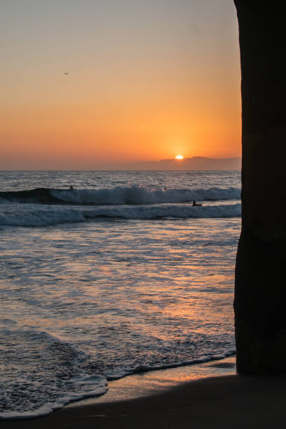 Waves crash against Manhattan Beach pier at sunset
