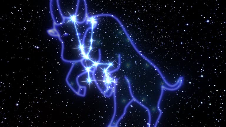 The zodiac sign Taurus is a constellation of bright stars connected by luminous lines. Animation of the star sign of the zodiac in the cosmic night sky. The symbol of the constellation and horoscope.