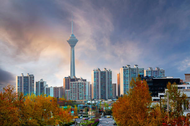 Skyline of Tehran with Milad tower in the background in Iran Cityscape of Tehran, Iran tehran stock pictures, royalty-free photos & images