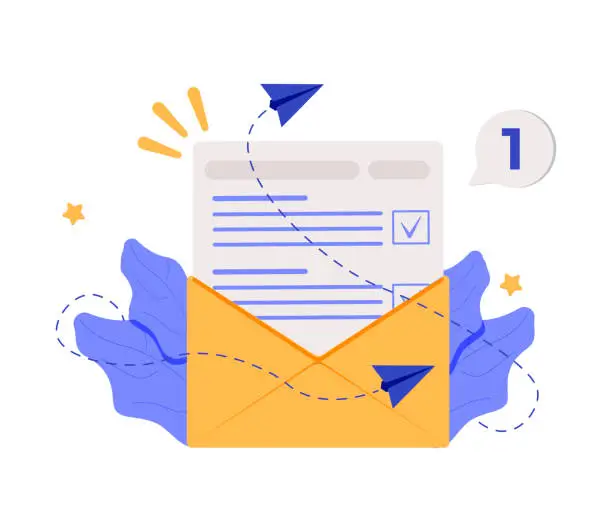 Vector illustration of Vector banner of email marketing. Subscription to newsletter, news, offers, promotions. A letter in an envelope. Buttons template. Subscribe, submit. Send by mail. Follow me. Blue. Eps 10