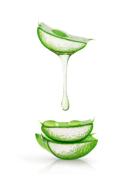 Aloe Vera gel dripping Aloe Vera gel dripping over sliced leaves isolated on white background. Skin care concept aloe plant alternative medicine body care stock pictures, royalty-free photos & images