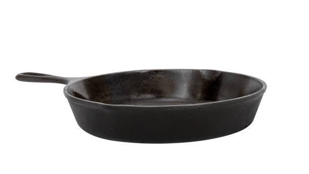 Black seasoned cast iron skillet with a white background
