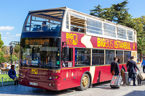Istanbul, Turkey - October 9, 2019: excursion double decker bus awaiting for tourists. Sightseeing tour of Istanbul