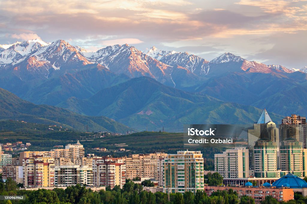 View over Almaty with snow capped mountains in the background, Almaty, Kazakhstan Almaty city in Kazakhstan Kazakhstan Stock Photo