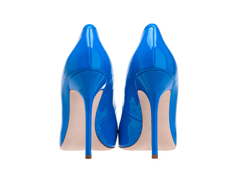 Women high-heeled shoes. A pair of beautiful blue shoes, back view.