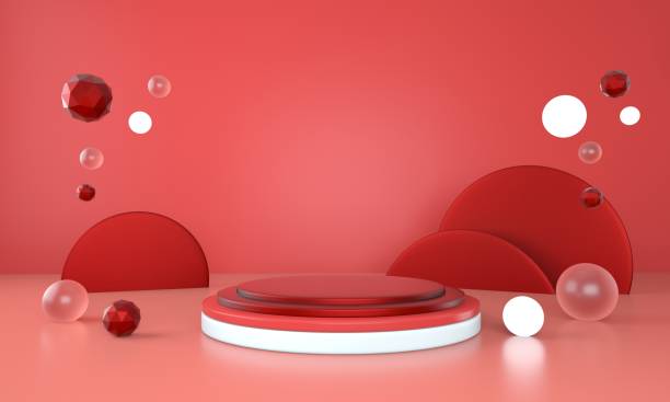 istock 3d rendering studio with geometric shapes, podium on the floor. Platforms for product presentation, mock up background. 1310963530