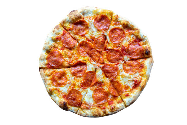 istock Fresh tasty pizza with pepperoni isolated on white background. Top view 1310963595