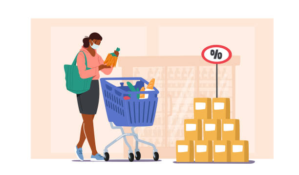 Customer Character Wearing Face Mask Visit Grocery or Supermarket Choose Goods and Put in Shopping Trolley Customer Character Wearing Face Mask Visit Grocery or Supermarket Choose Goods and Put in Shopping Trolley. Woman Holding Bunch of Carrot in Hand. Products Purchases. Sale. Cartoon Vector Illustration supermarket stock illustrations