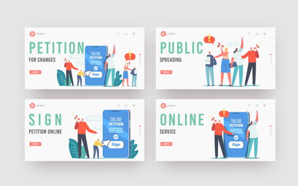 Collective Public Appeal Service Landing Page Template Set. Tiny Characters near Huge Smartphone Yell to Megaphone Collective Public Appeal Service Landing Page Template Set. Tiny Characters near Huge Smartphone Yell to Megaphone Call to Sign Online Petition Document for Changes. Cartoon People Vector Illustration petition stock illustrations