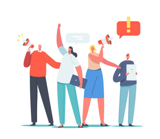 Characters Holding Digital Devices and Megaphone Call to Sign Online Petition. Law-abiding Citizen, City Dwellers Execute their Rights and Duties in Political Life. Cartoon People Vector Illustration