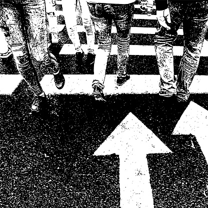Vector image of asphalt texture road with feet citizens walking on pedestrian zebra.