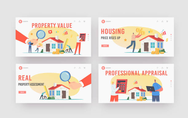 illustrazioni stock, clip art, cartoni animati e icone di tendenza di valore della proprietà reale, set di modelli della pagina di destinazione della valutazione. ispezione della casa dei personaggi dei periti. valutazione immobiliare - house calculator real estate examining