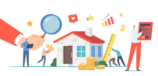 Real Property Value, Assessment Concept . Appraisers Characters doing House Inspection. Real Estate Valuation Real Property Value, Assessment Concept. Appraisers Characters doing House Inspection. Real Estate Valuation, Home Professional Appraisal with Agents for Sale. Cartoon People Vector Illustration real estate agent illustrations stock illustrations