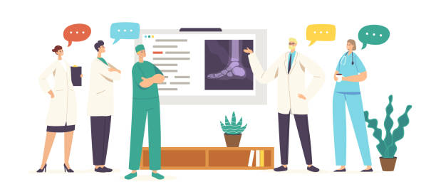 stockillustraties, clipart, cartoons en iconen met artsen ontmoeten concilium in kamer met patiënt gebroken been röntgenfoto op het scherm, kliniek personeel personages bespreken ledematen - wijkverpleging