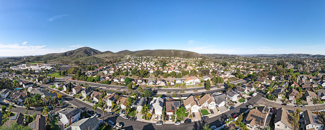 Aerial view of Carmel Mountain neighborhood with Black Mountain. San Diego County, California.