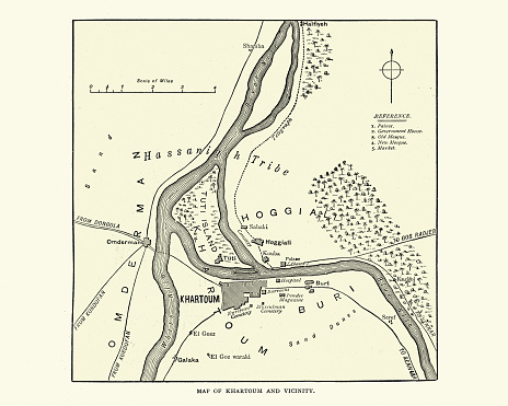 Vintage illustration of Map of Khartoum and vicinity at the time of siege of Khartoum 1884