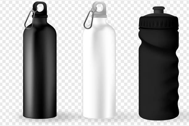 istock Water Bottle white, Silver and Black Empty Glossy Metal Reusable Water Bottle. Illustration of container water for sport bike and fitness. Vector realistic 3d. 1310966351