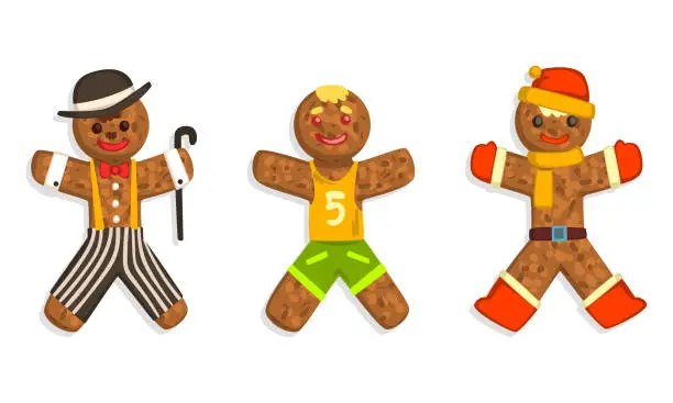 Vector illustration of Gingerbread Man Characters Set, Traditional Sweet Xmas Ginger Biscuits Dressed Basketball Player, Santa, Charlie Chaplin Costumes Cartoon Vector Illustration