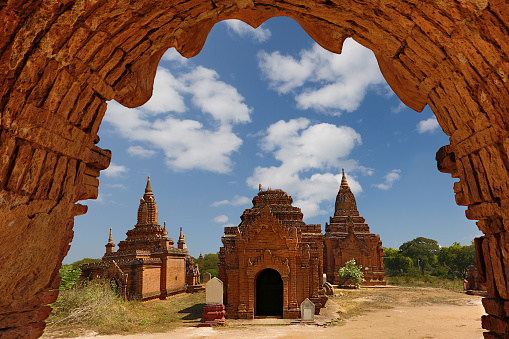 Bagan, Myanmar - February 13, 2019: Historical buddhist temples and pagodas in Bagan, Myanmar