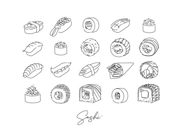 Sushi set poster Sushi types poster drawing in line style on white background tako stock illustrations