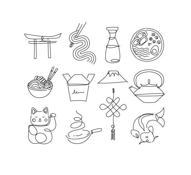 Sushi icons line style Sushi icon set in line style drawing on white background tako stock illustrations