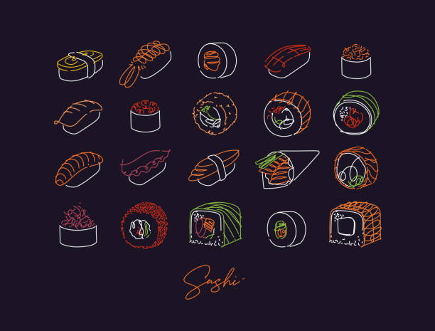 Sushi set poster neon style dark Sushi types poster drawing in line neon style drawing on dark background tako stock illustrations