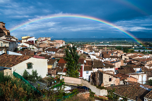 Aerial view of Calahorra with a rainbow, Spai