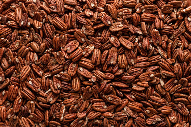 fondo de nueces de pacana, vista superior. textura de frutas pecanas, primer plano - pacana fotografías e imágenes de stock