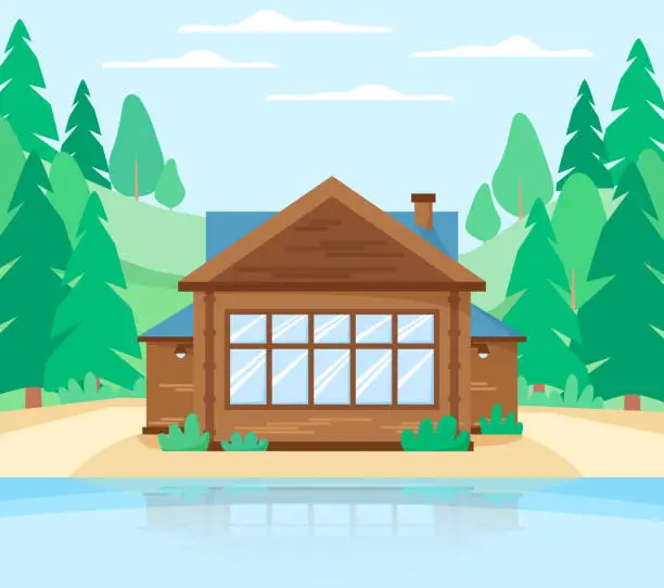 Vector illustration of Wooden cottage in forest near lake. country house beautiful landscape with rustic landscape, lake, house and pine trees