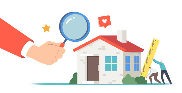 illustrazioni stock, clip art, cartoni animati e icone di tendenza di piccoli agenti immobiliari con enorme sovrano che fa ispezione della casa. valutazione immobiliare, valutazione professionale della casa - house calculator real estate examining