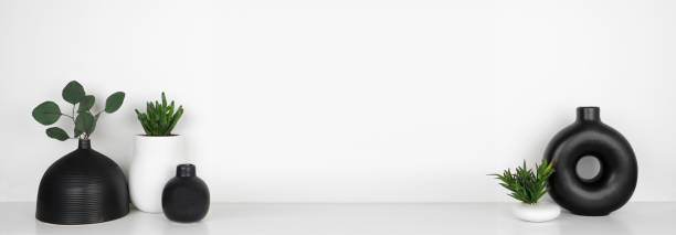 istock Modern black and white decor and plants on a white shelf against a white wall banner 1310974611
